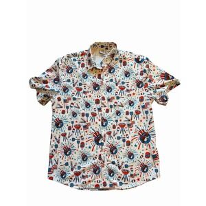 Buc ees Men's L Shirt Red White Blue USA Flag Fireworks 4th of July Stretch